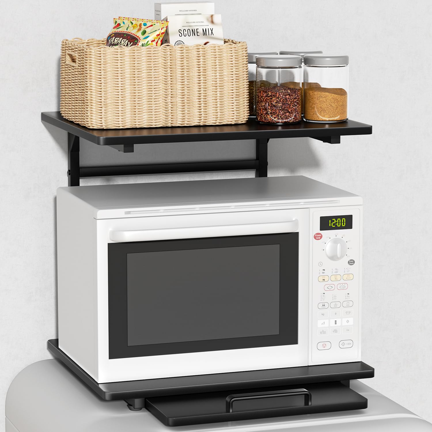 UTIMIU 冷蔵庫上ラック レンジラック スライド棚付き キッチン 収納ラック 食器棚 幅47.5×奥行43.5-69.5×高さ45cm 電子レンジラック 冷蔵庫上棚 隙間収納 組立品 (ブラック)