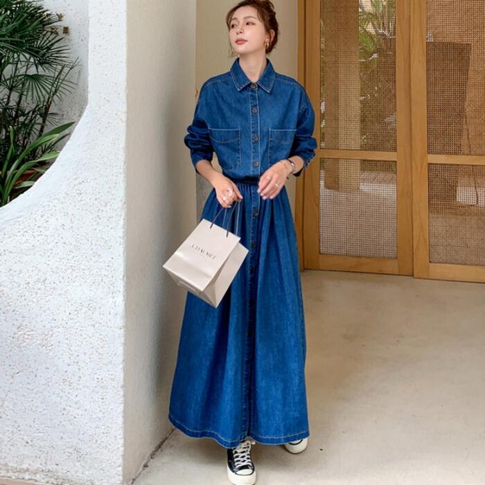 ワンピース デニム ロングワンピ 袖あり ロング丈 ハイウエスト シャツワンピ レディース ワンピ ドレス 長袖 きれいめ カジュアル 大人可愛い Aライン フェミニン おしゃれ シンプル ブルー 青