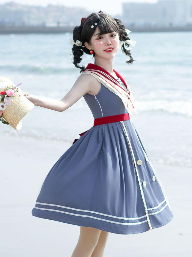 【短納期】アカデミックロリータJSKドレスブルーグレーノースリーブセーラーカラーリボンレースアップポリエステルデイリーカジュアルロリータジャ