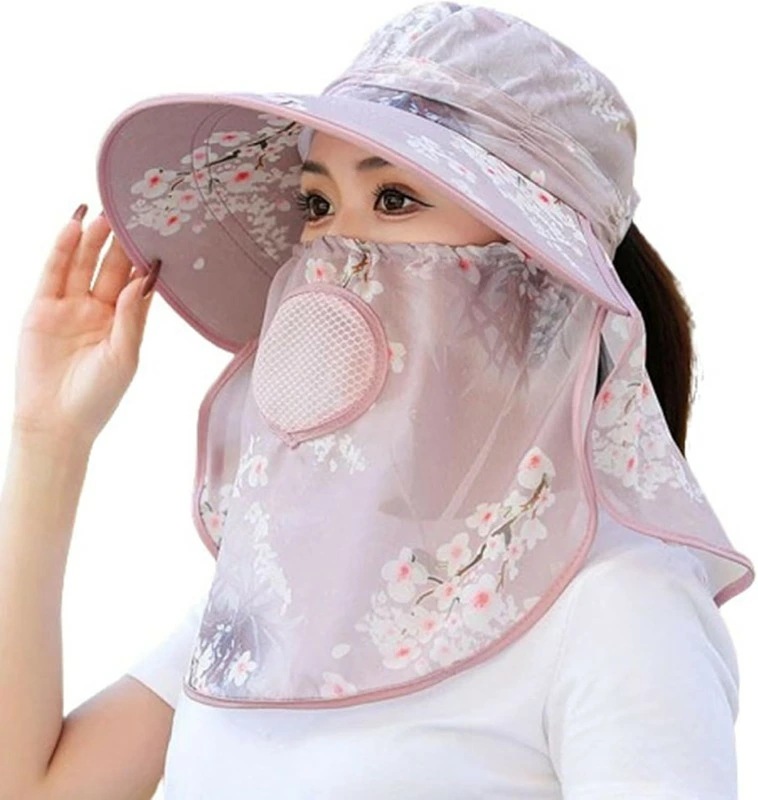 サンバイザー レディース 花ピンク対策 花柄 日焼け対策 つば広 春夏秋 パープル外線カット 通気性 軽量 吸湿速乾 軽薄 防風 おしゃれ帽子 折りたたみ フェイスカバー付き 釣り 登山 ガーデニン