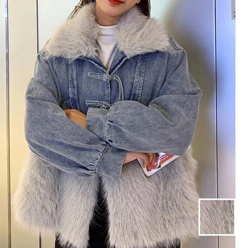 アウター ムートン ファーコート 韓国 ファッション レディース 秋 冬 カジュアル コーデ シンプル 定番 セレカジ 20代 30代 40代 2025 エコファー デニム 異素材ミックス キュ