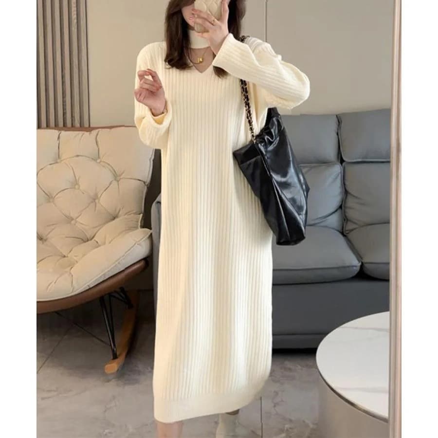 vネック ロング丈 リブニットワンピース