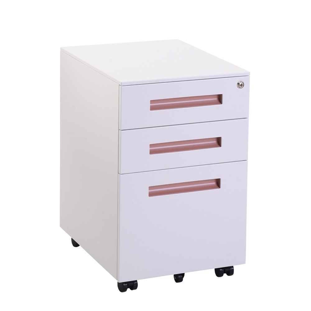 オフィスワゴン （ホワイト＋ピンク）【完成品】デスクワゴン サイドワゴン 3段 木製 鍵付き キャス