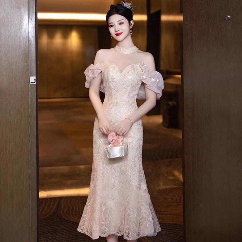 ブライダルトーストウェア2025シャンパンカラースモールフィッシュテール登録証明書婚約イブニングドレス