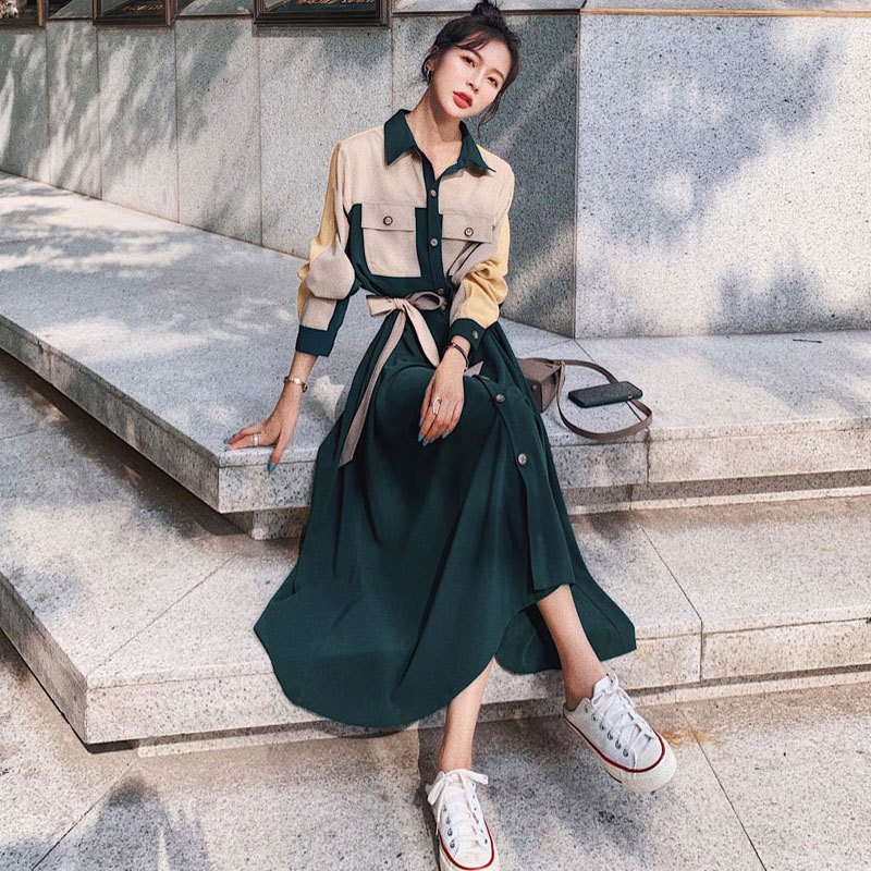 春コーデ ワンピース ロング レディース キレイめ シャツ長袖切り替え Aライン 体型カ