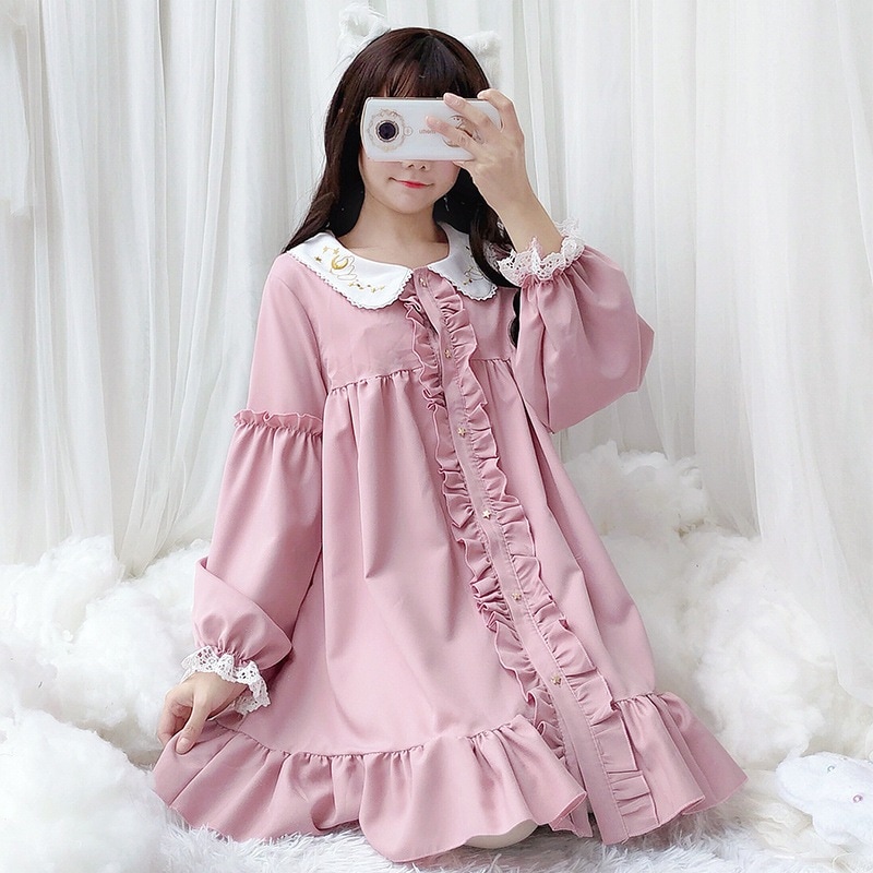 日本のロリータドレスOPドレスふくらんだスカートシフォン長袖星空スカートソフトガールスタースカート女の子かわいい