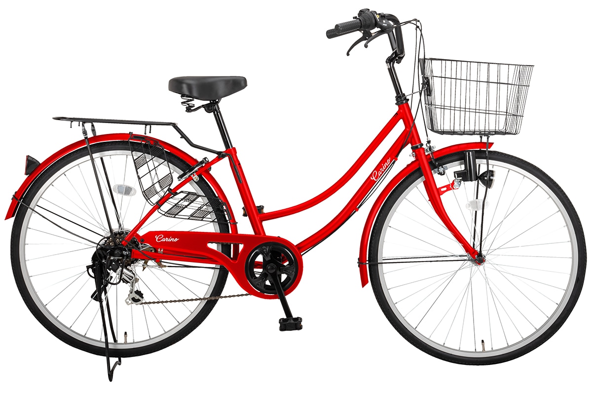 完成品 組立済 自転車 26インチ シマノ製6段変速 LEDオートライト 両立スタンド 大型カゴ 後輪錠 クラス27リアキャリア ドレスガード CR-W266A レッド 61957