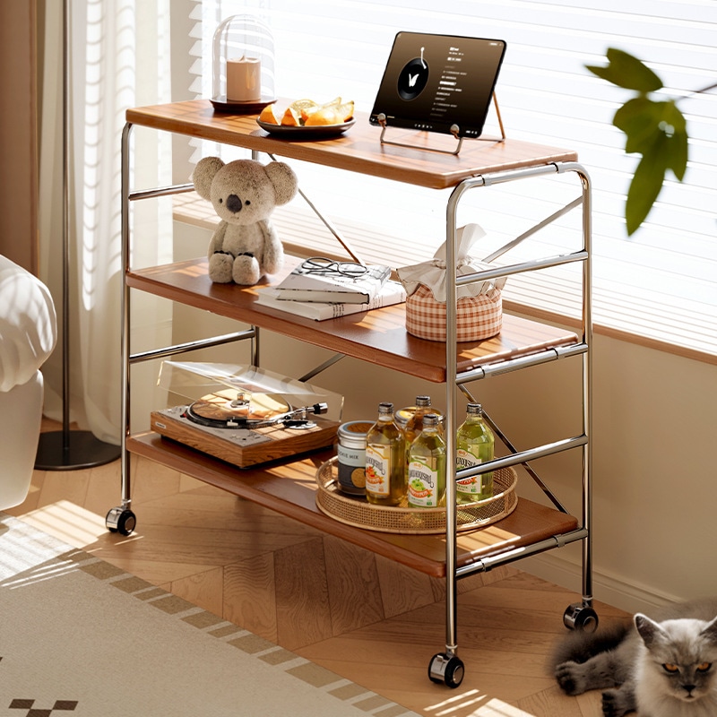 中間のトロリーソリッドウッドストレージラックフロアスタンディングリビングルームマルチレイヤーモバイルストレージステンレススチールディスプレイポーチシューズラック