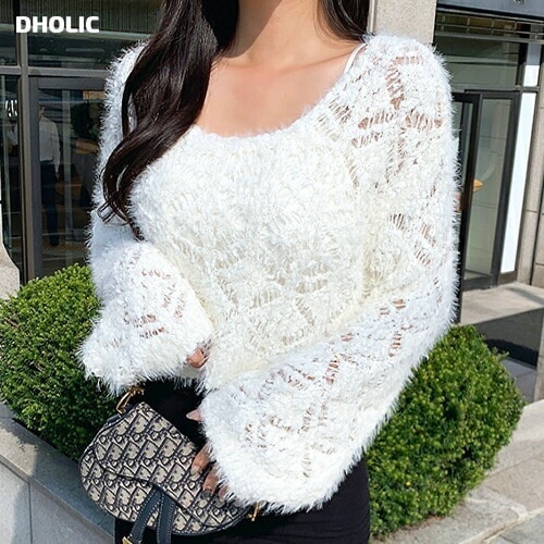 [メガ割りSALE]Vネックファータッチシースルーニット