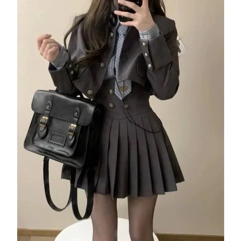 涼しく楽ちんセットアップ秋の作アカデミア風ショート丈ブレザー長袖ストライプシャツハイウエストプリーツスカートスーツキャンパス風レディース今日は30パーセント