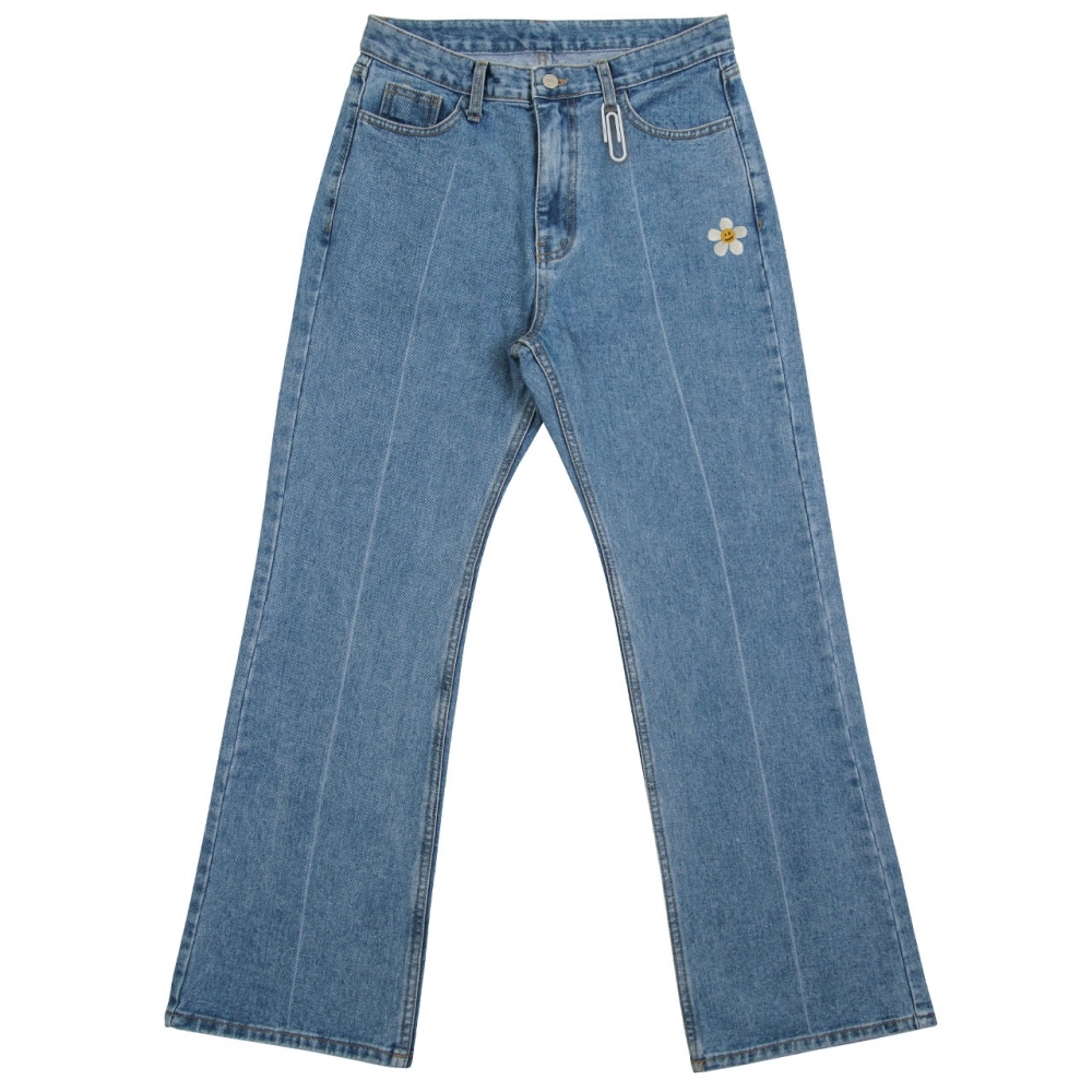 GRAVER ホワイトフラワードット刺繍ブーツカットパンツ中青