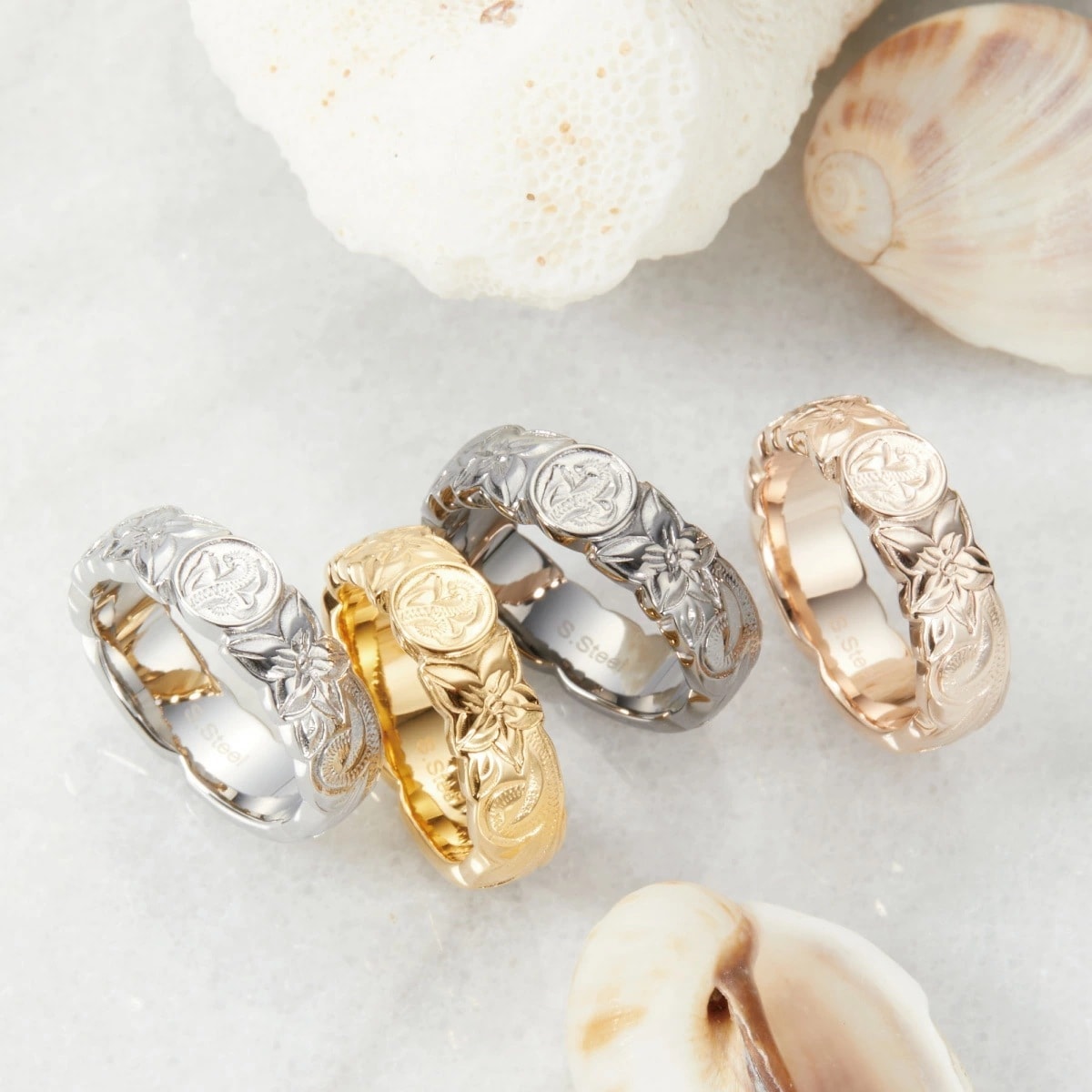 リング サージカルステンレス316L ハワイアンジュエリー コイン付き プルメリア スクロール 波