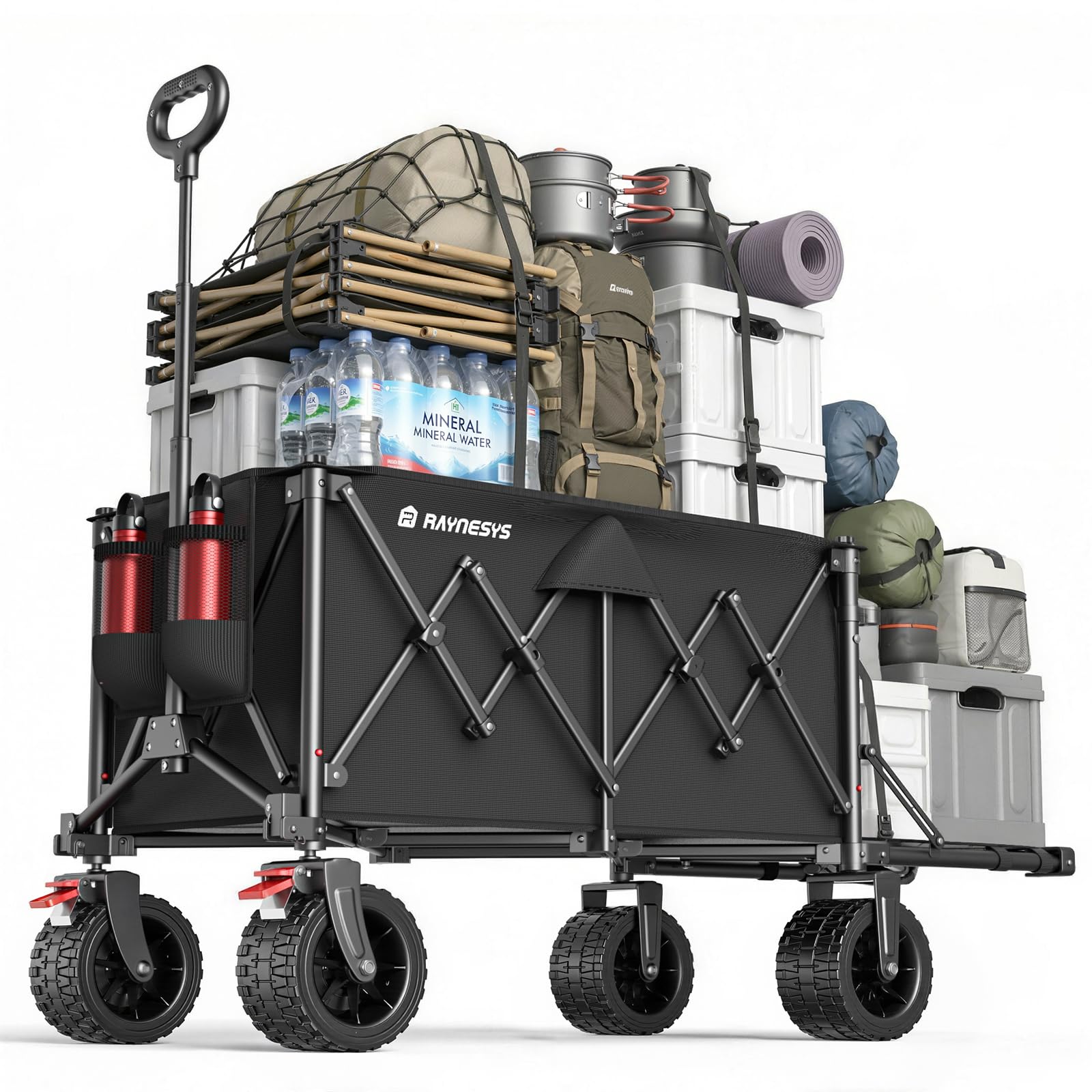 キャリーワゴン Raynesys アウトドアワゴン 大容量150L~220L 耐荷重200kg 後部展開可 長物対応 折り畳み式キャンプカート 自立収納 静音キャンプ/砂浜/釣り/引越し/買い物/ゴミ