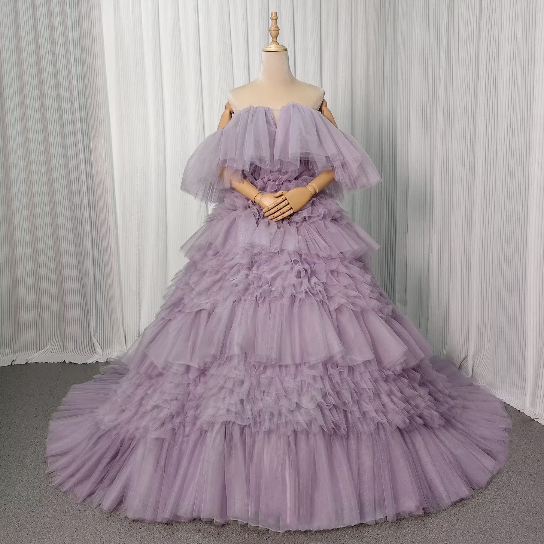 人気上昇！カラードレス オーキッド オフショルダー もこもこドレス 可愛い 前撮り