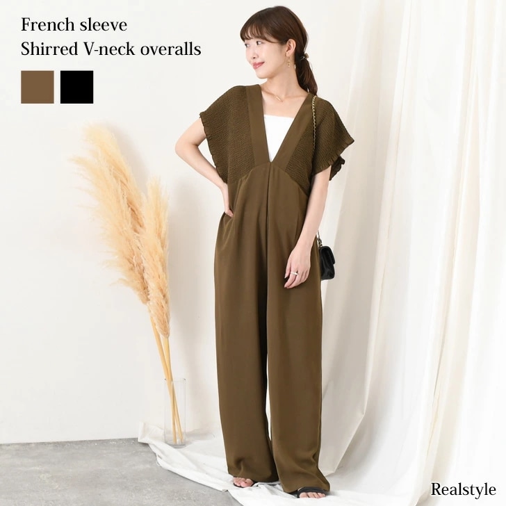 シャーリングフレンチスリーブ深Vネックフルレングスサロペット レディース 夏 秋 オールインワン オーバーオール ワイドパンツ 涼しい 速乾 ロング丈 おしゃれ きれいめ ゆったり 大きいサイズ 体型