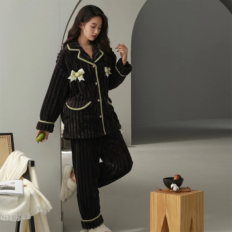 サンゴのパジャマレディース保温とベルベットの厚手ウェア２点セット部屋着