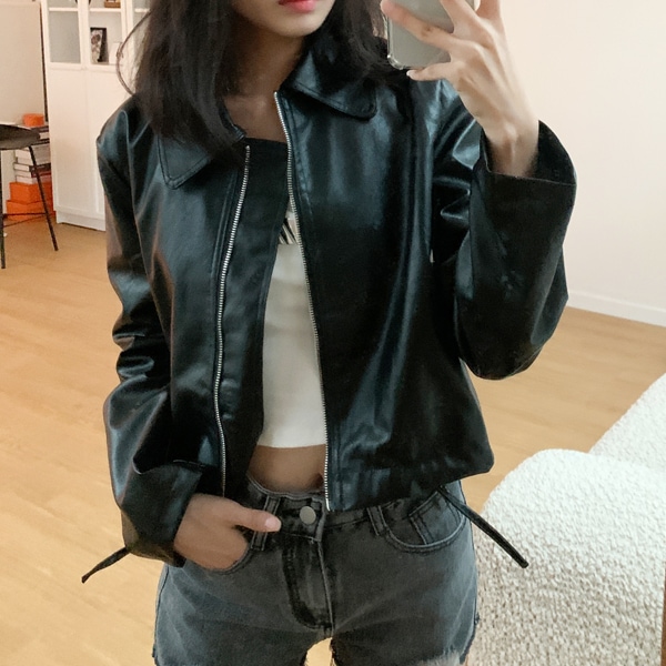 韓国ファッション カラーネック ジップアップ ストリング ショート レザー レザージャケット
