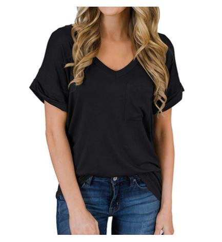 春と夏v-ネックポケットT-シャツクロス - ヨーロッパ人とアメリカ人カールした短いスリーブのルーズトップ