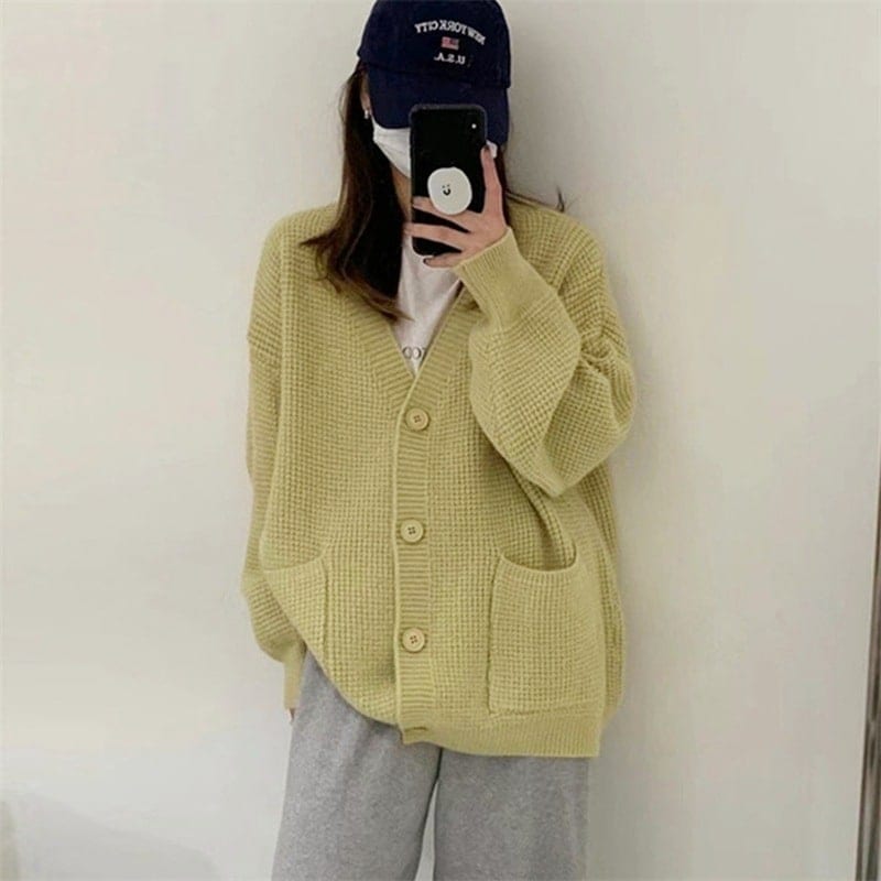 秋春婦人服モチモチセーターコート女性v襟ゆったりオールインワンニットシンプル保温カーディガン