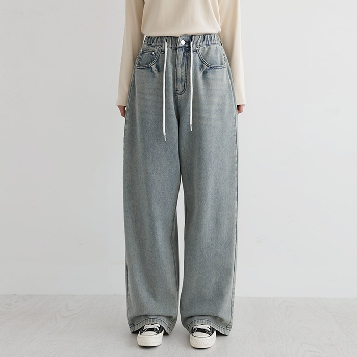 [韓国ファッション] リラックスフィット エッセンシャル ストリング バンディング ロング ワイド デニム パンツ