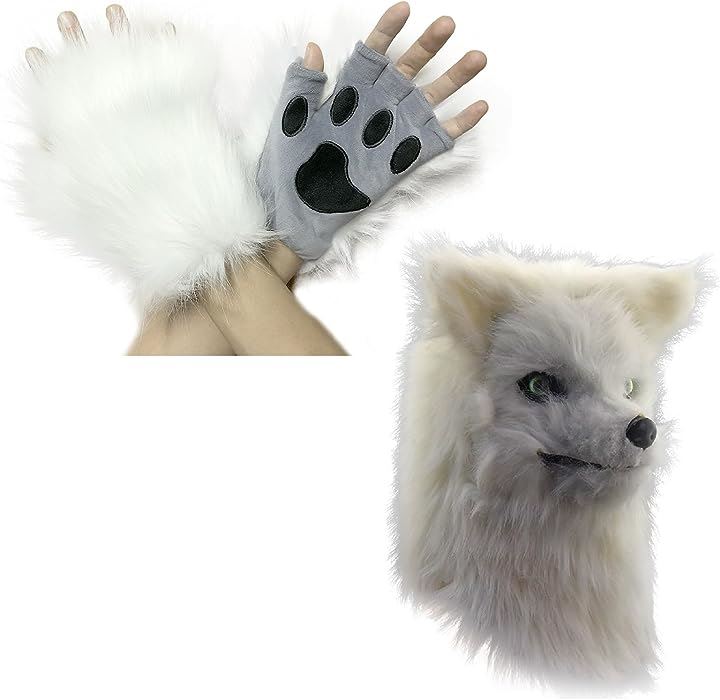 仮装 コスプレ ハロウィン かぶりもの マスク 手袋 狼 オオカミ 被り物( 白オオカミマスク1個＋白灰色手袋1双のセット)