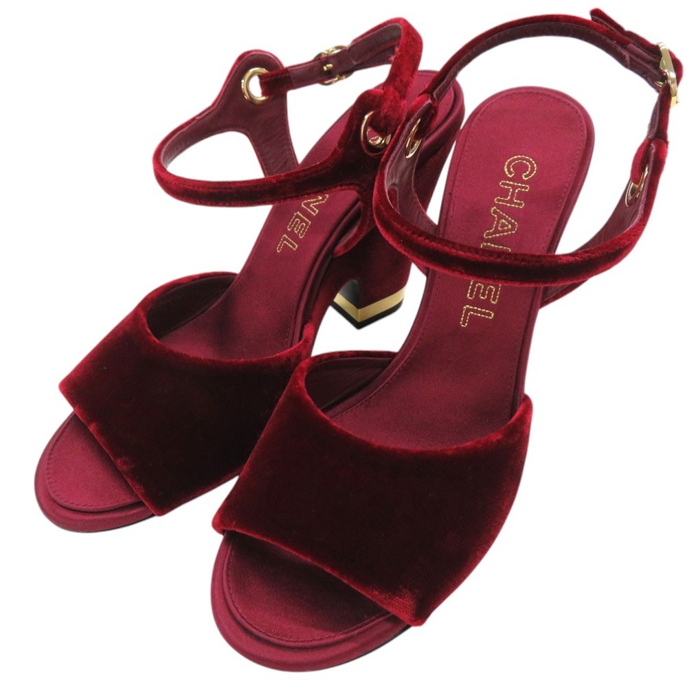 未使用品 ストラップ　チャンキーヒール サンダル ベルベット/ベルベット バーガンディ 1349【中古】 レディース