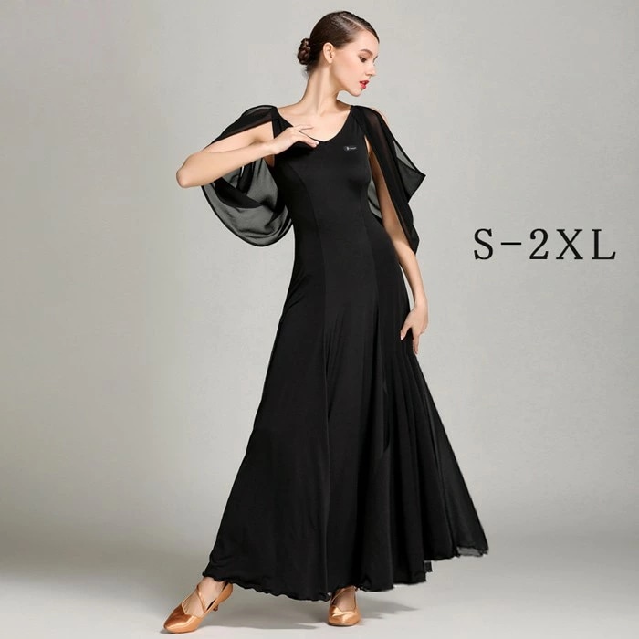 新製品 社交ダンス ドレス 社交ダンス衣装 長袖 黒 初心者 練習着 広がる裾 発表会用 ワンピース パーティー スタンダード レッスン着 発表会 競技着 演出用 開場ドレス ワルツ専用ドレス ロング