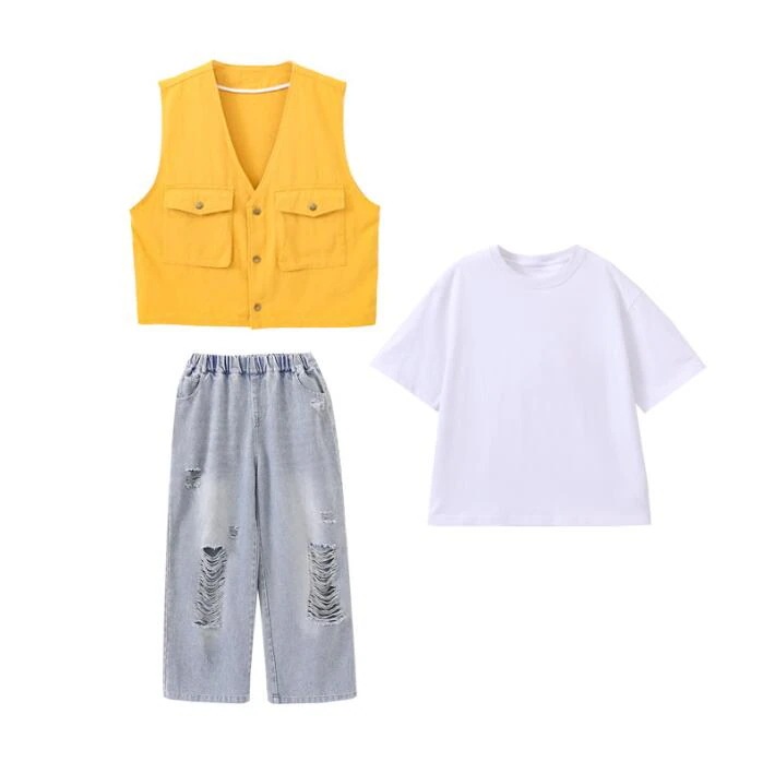 子供ダンス衣装 ベスト　ダメージジーンズ　2/3点セットアップ　ヒップホップダンスウェア　女の子/男の子　カーゴhiphopステージ衣装 キッズジュニア ジャズ hiphop jazz ダンス衣装 個