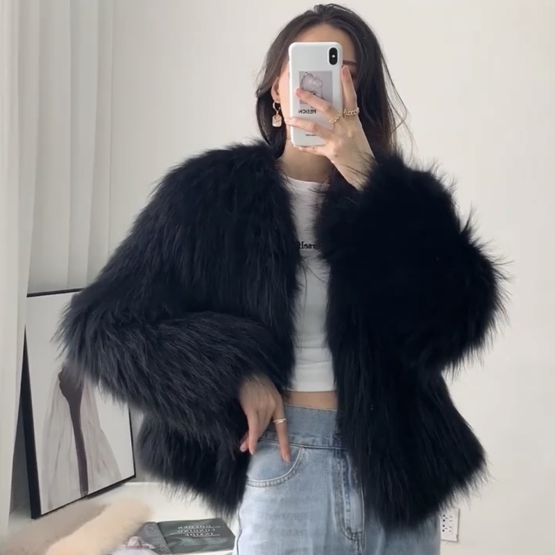 ファーコート 毛皮コート ボリュームファー ノーカラー シャギーファーコート レディース ミドル丈