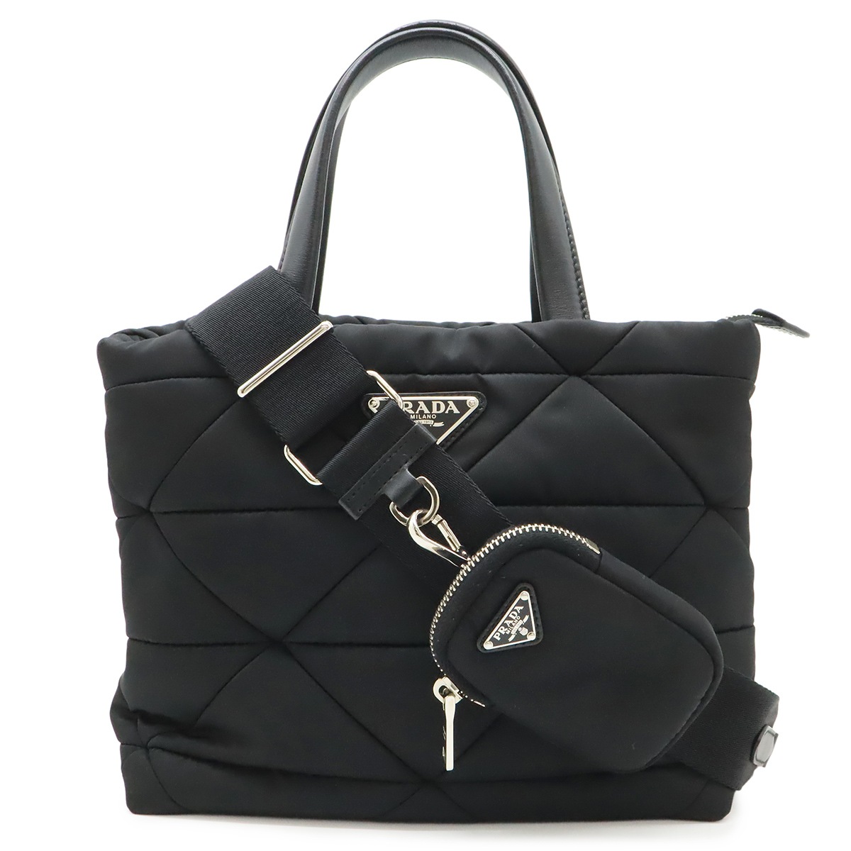 スモール パデッド トートバッグ ハンドバッグ 2WAY ショルダーバッグ ナイロン レザー NERO ブラック シルバー金具 ポーチ付 1BG37
