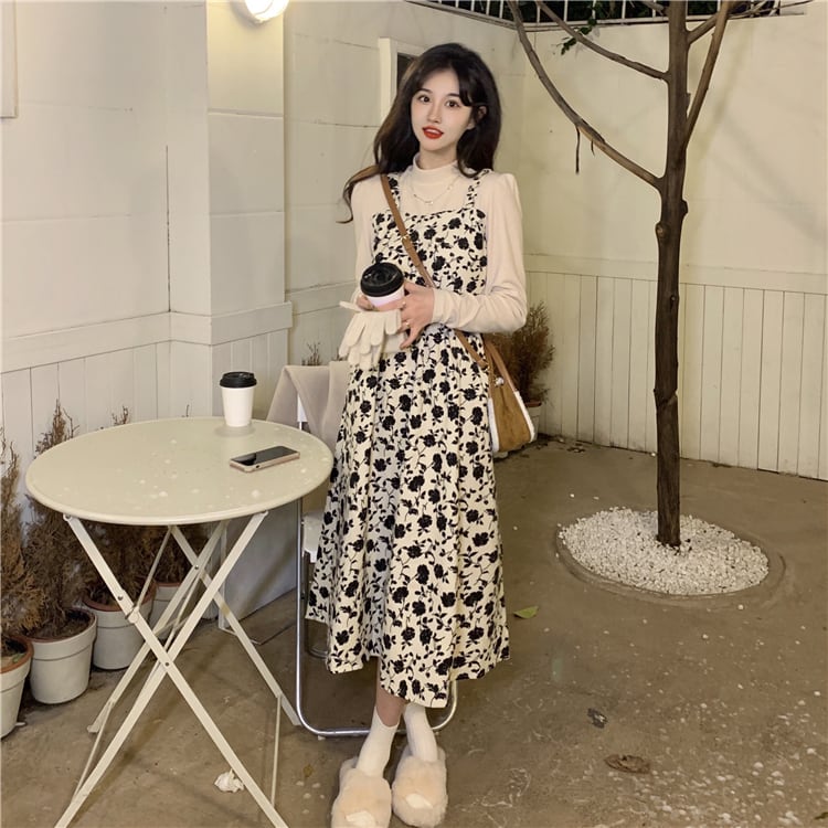 ワンピース ミディアムワンピース 花柄ワンピース 重ね着風 フェイクレイヤード 長袖 ハイウエストプリント・柄ワンピ