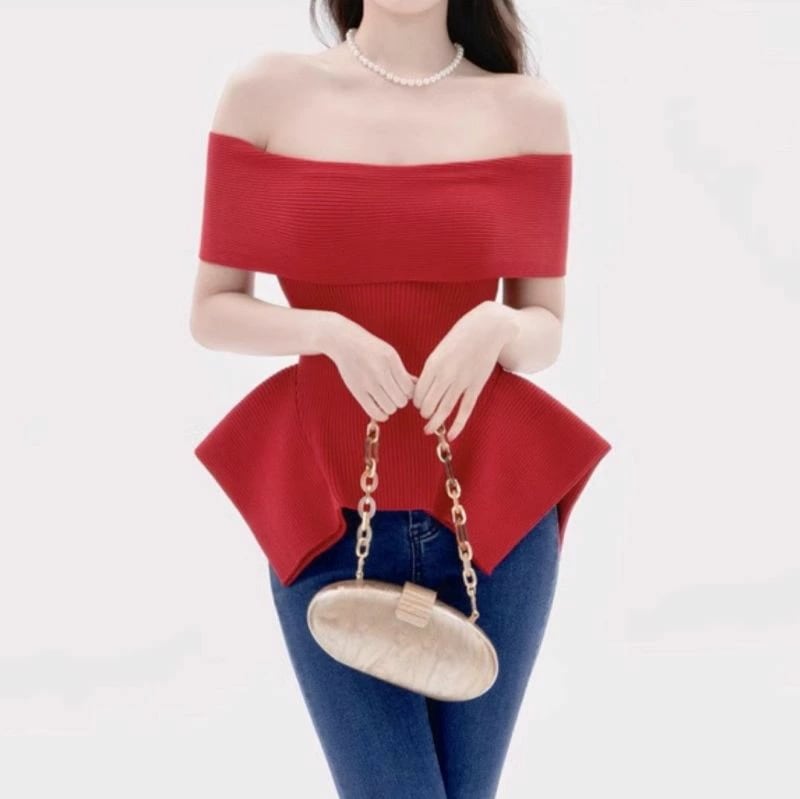 2024 SS 新作 2color リブ スクエア ペプラム オフショルダー ニット 5,799円