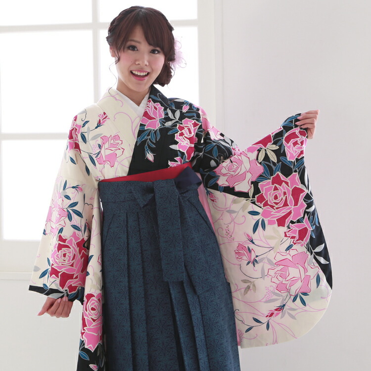 レンタル卒業式 袴 レンタル 女 袴セット 女 卒業式袴セット2尺袖着物＆袴 フルセットレンタル黒とクリーム地にピンクバラと蝶安い 人気ブランド CECIL McBEE セシルマクビー ハカマ