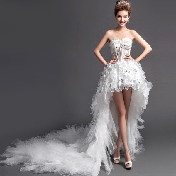 ウエディングドレス エンパイア 安い トレーンドレス 前ミニ ウェディングドレス 結婚式 二次会 ロ