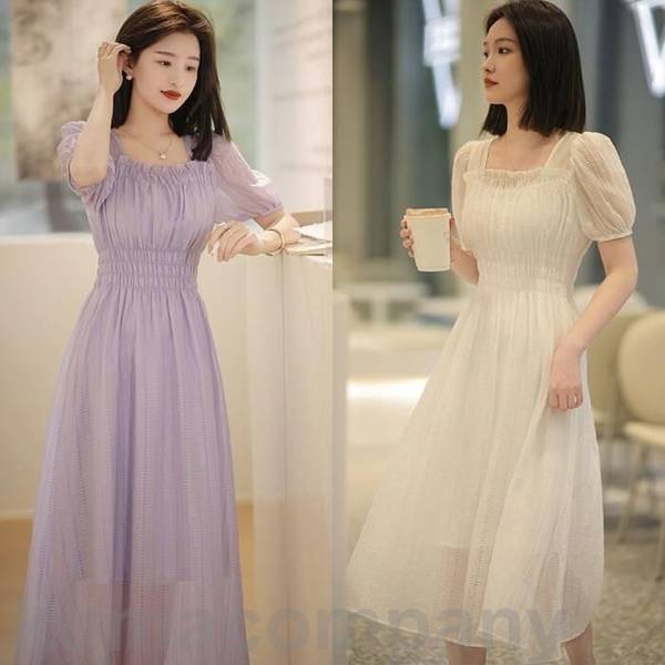 パフスリーブ ワンピース ドレス 袖あり レース エレガント レディース きれいめ カジュアル おしゃれ 半袖 大人 可愛い フェミニン ミモレ丈 体型カバー スクエアネック ナチュラル ハイウエスト