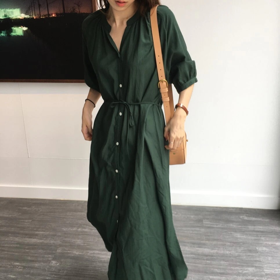 シャツワンピース ロング ロング丈 半袖 袖あり 5分袖 五分袖 パフ袖 パフスリーブ シャツ ワンピース フロントボタン Vネック 開襟 薄い シンプル 無地 腰紐 ウエストマーク ゆったり ゆる