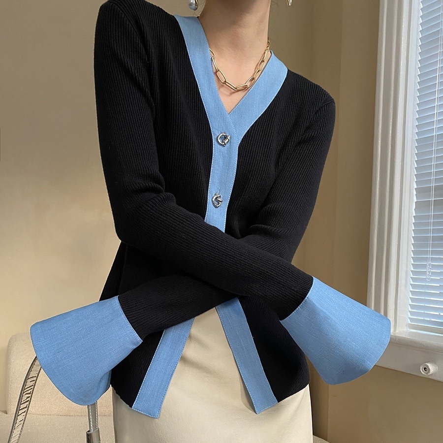 トップス カーディガン ミディアム丈 ニットカーディガン 長袖 Vネック 前開き デザインボタン ニット ツートンカラー かわいい 大人可愛い きれいめ シンプル 上品 おしゃれ かっこいい