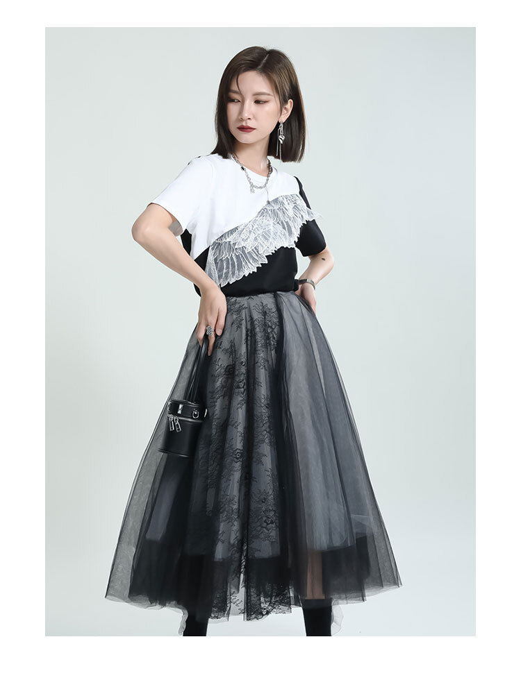 スカート チュール Aライン モノトーン ボリューム 五重 ロング ふんわり フレア バイカラー アシンメトリー 刺繍 レース メッシュ TKOR0009