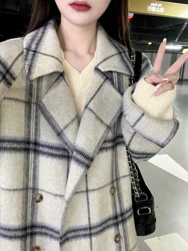 秋冬 コーデ レディース ファッション オシャレ 服 カワイイ シンプル 大人カワイイ 大きいサイズ ハイエンド チェック柄 コート 韓国スタイル ミドル丈 ウール