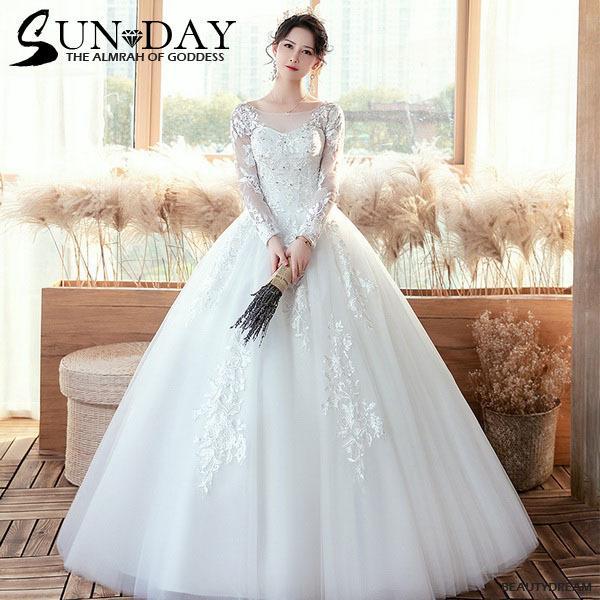 【即納】ウェディングドレス白 パーティードレス 長袖 可愛いレース パール 花嫁ロングドレス 結婚式 二次会 ウェディング 謝恩会 挙式hs5475