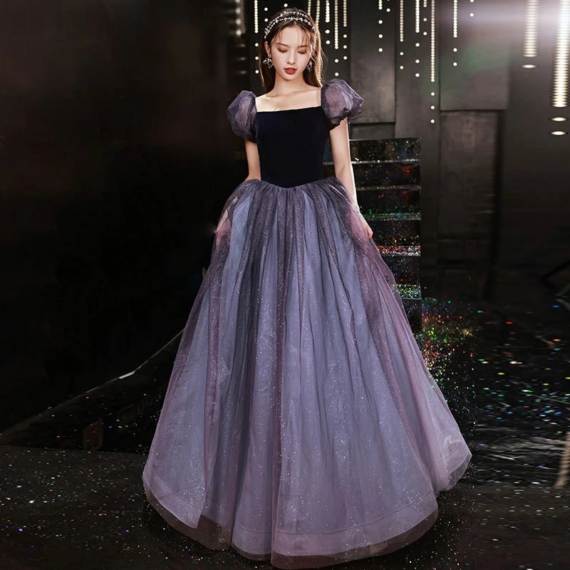 イブニングドレス パープル ベロア ベルベット ロングドレス 発表会ドレス キラキラ キレイめ 結婚式ドレス 二次会ドレス ワイン赤 パフスリーブ パーティードレス ロング Aライン XS S M L