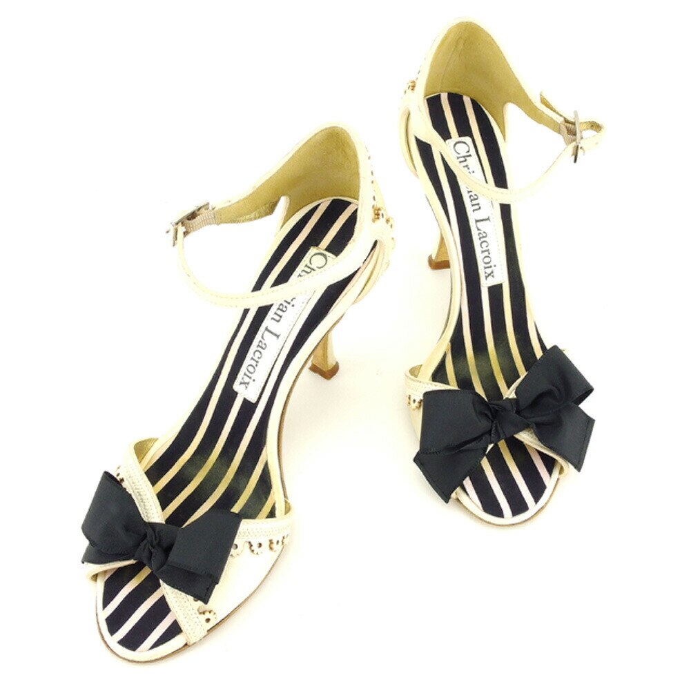 サンダル シューズ 靴 リボン 35ハーフ パンプス ベージュ ブラック シルバー 中古