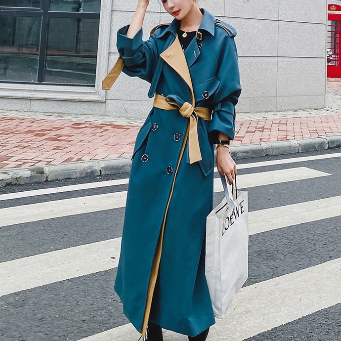 バイカラー配色 ネックベルト付き ラグランスリーブ切り替え ダブルボタン スタイリッシュ アウター 8,421円