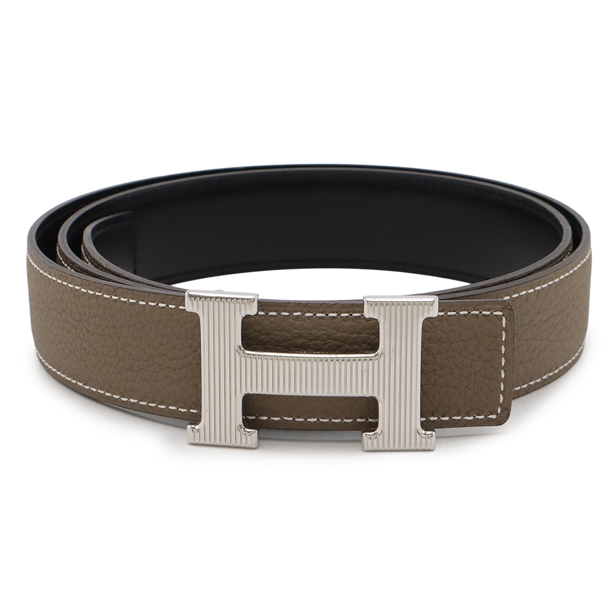 Hストリエ Hベルト リバーシブル トリヨンクレマンス ボックスカーフ レザー エトゥープ ブラック 黒 シルバー金具 #95 Q刻