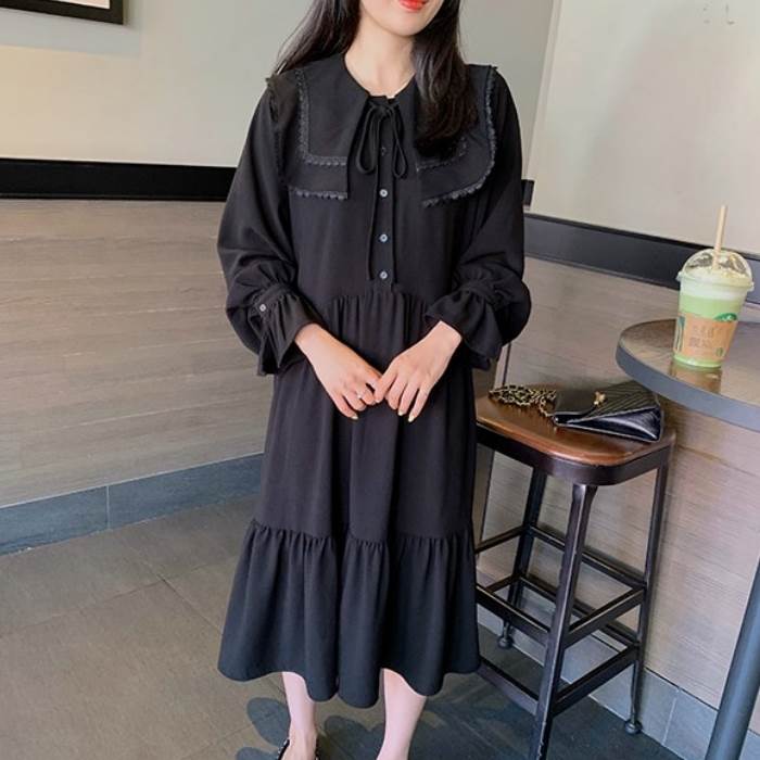 お買い得ワンピース レディース 黒 ミモレ ビックカラー フリル リボン 長袖 大人可愛い 個性的 ティアード ワンピ ドレス ブラック レトロ 大人可愛い ラブリー おしゃれ カジュアル 大きいサイ