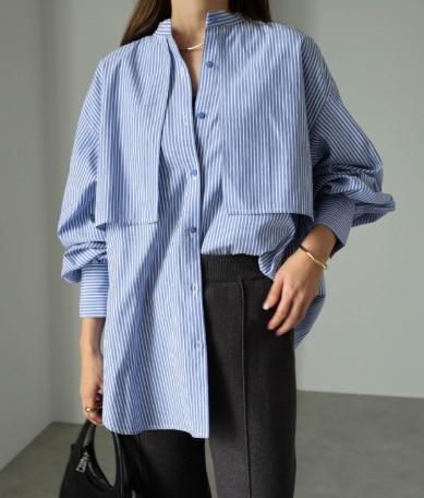 レディース トップス シャツ アウター 羽織 前開き 丈長 長袖 襟付き スタンドカラー バンドカラー オーバーサイズ ポケット ボタン 切り替えデザイン フライヨーク きれいめ おしゃれ かっこいい