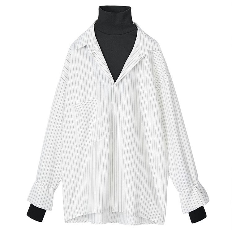 フェイクレイヤード 重ね着風 レディース トップス カットソー プルオーバー 長袖 ドロップショルダー 萌袖 ハイネック 襟付き 角襟 切り替え ポケット 切り替えデザイン ドッキング シンプル