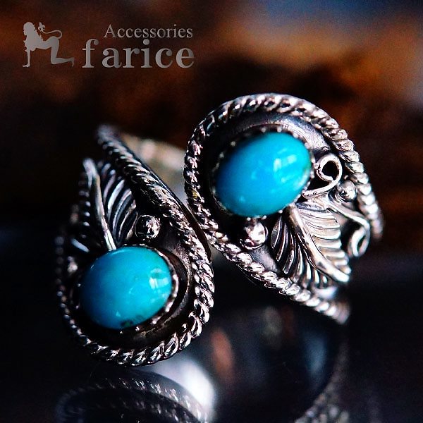 天然石 ターコイズ オーバルカボションカット リーフ(葉)&蔓&ロープ(縄目)デザイン インディアンジュエリー シルバー925 メンズ リング Lタイプ フリーサイズ