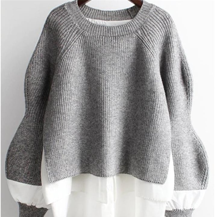 トップス セーター 長袖 ラウンドネック プルオーバー ミディアム丈 重ね着風 マトンスリーブ 異素材ミックス かわいい 大人可愛い きれいめ シンプル 上品 おしゃれ かっこいい カジュアル