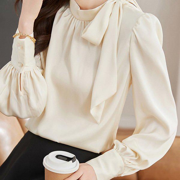 女性らしいブリンリボンのタイ長袖ブラウス JSW-BLA-P0000CSS-アイボリー